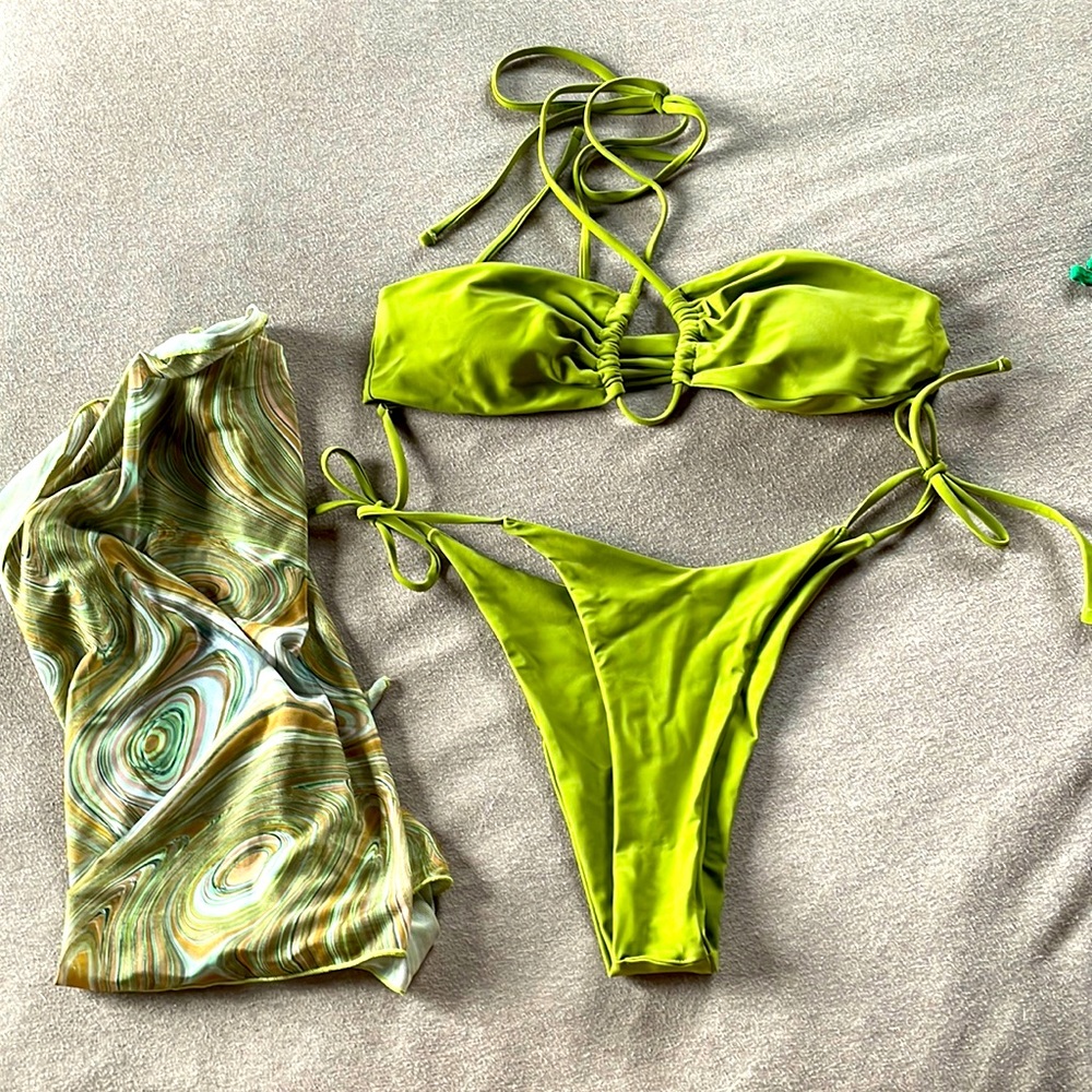Green String Bikini with Tie Skirt Cover // Never Been Worn!